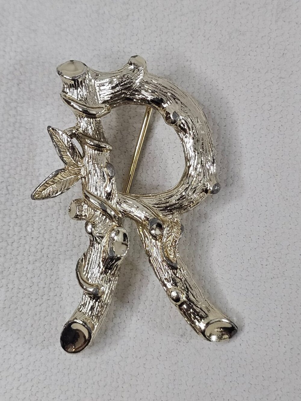 Sarah Coventry Letter Initial R Brooch Monogram Goldtone Bamboo Textured Pin